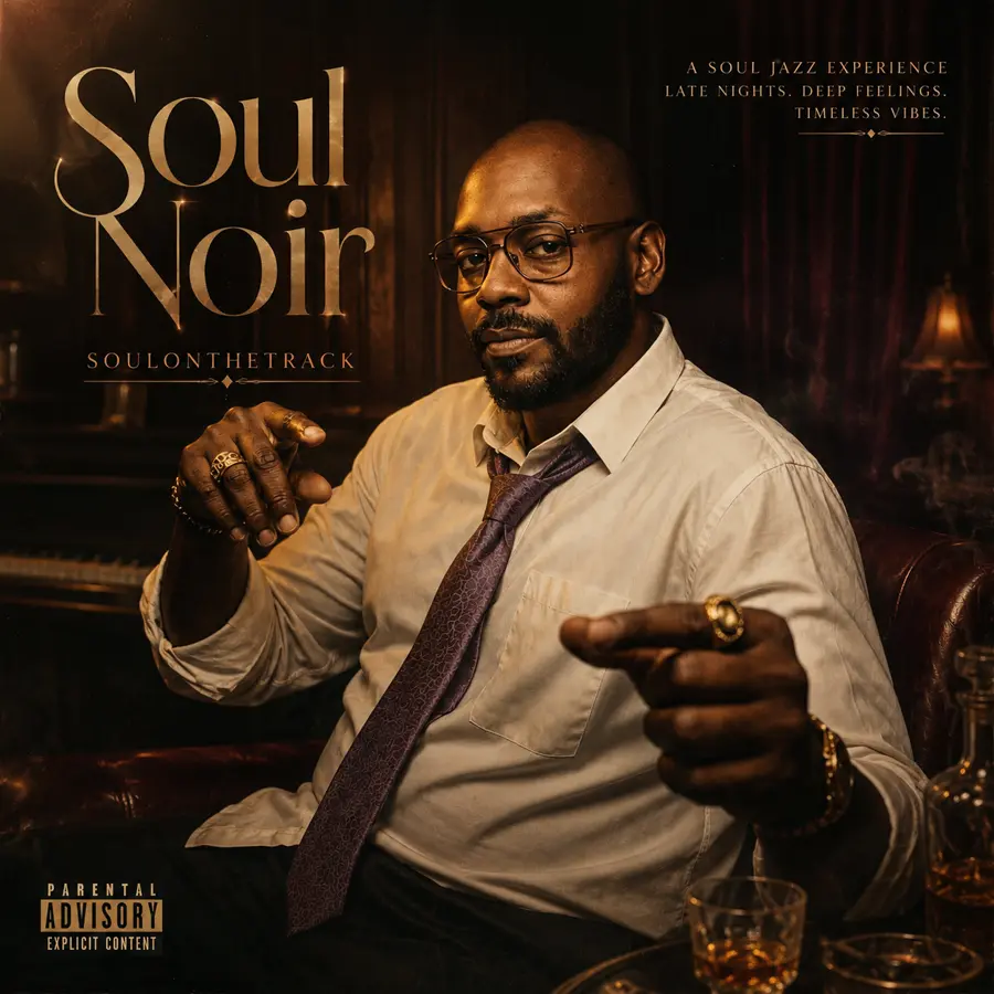 Soul Noir — album cover. Soulonthetrack seated in a dim speakeasy lounge.
